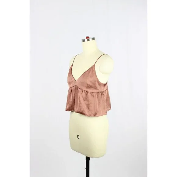 Aritzia LITTLE MOON Lover Nutmeg Brown Satin Cropped Peplum Camisole, Size XS - Picture 4 of 13